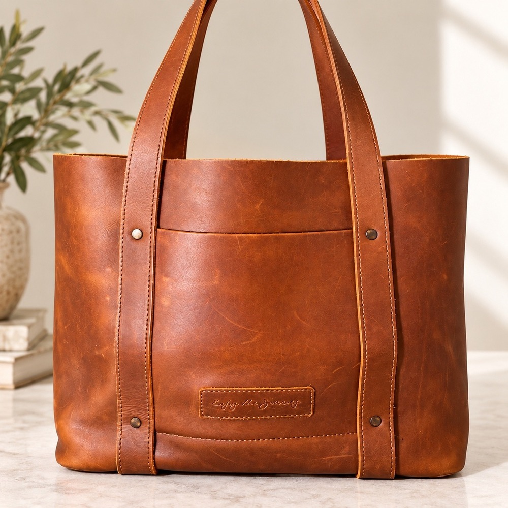 Cognac Genuine Leather Tote Bag Distressed Patina Western Purse Rustic Boho